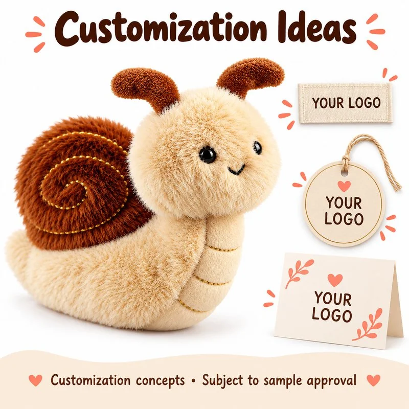 Customization concept for brown shell snail plush toy; feasibility and sample approval required.