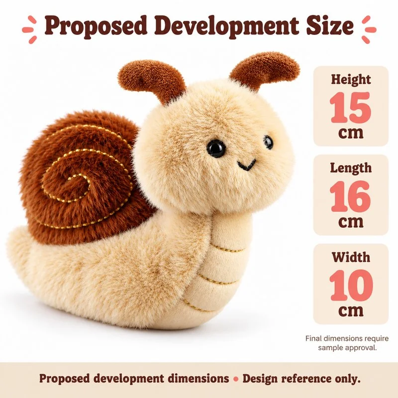 Brown Shell Snail Plush Toy — proposed size reference; dimensions require sample confirmation.