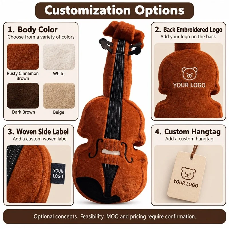 Customization concept for brown violin plush; feasibility and sample approval required.