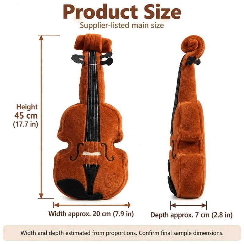 Brown Violin Plush — proposed size reference; dimensions require sample confirmation.