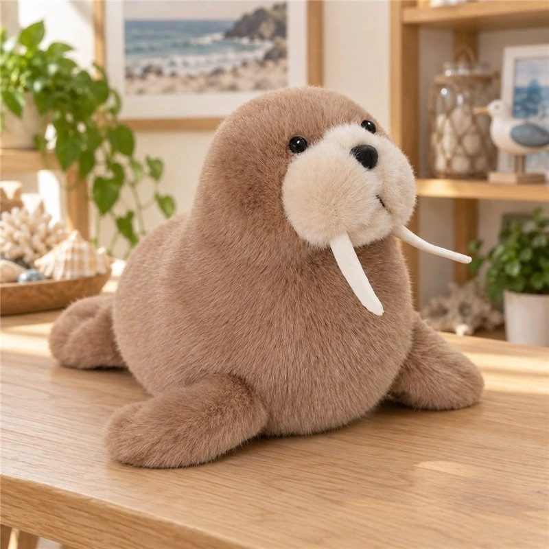 Illustrative application scene featuring brown walrus plush; setting is a concept.
