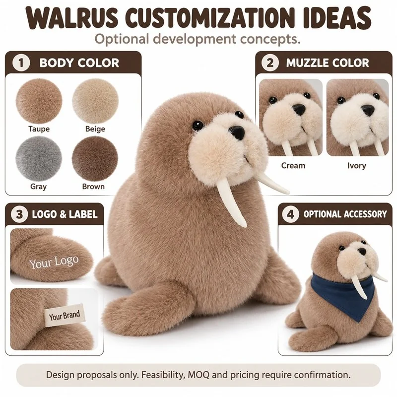Customization concept for brown walrus plush; feasibility and sample approval required.