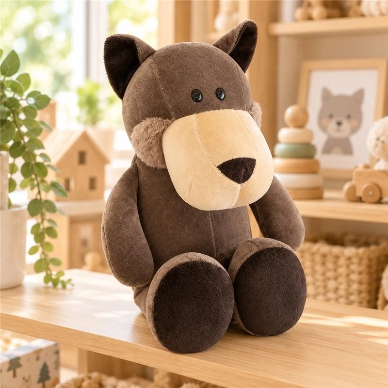 Illustrative application scene featuring brown wolf plush; setting is a concept.