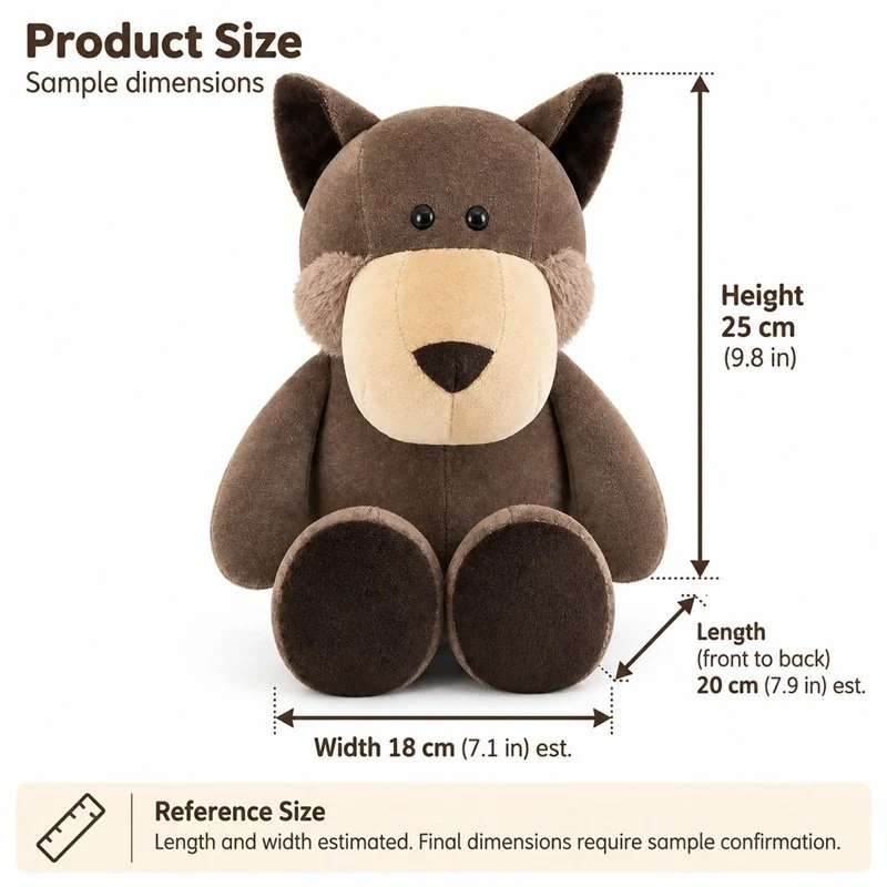 Brown Wolf Plush — proposed size reference; dimensions require sample confirmation.