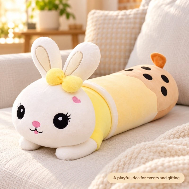 Illustrative application scene featuring bubble tea rabbit body pillow; setting is a concept.