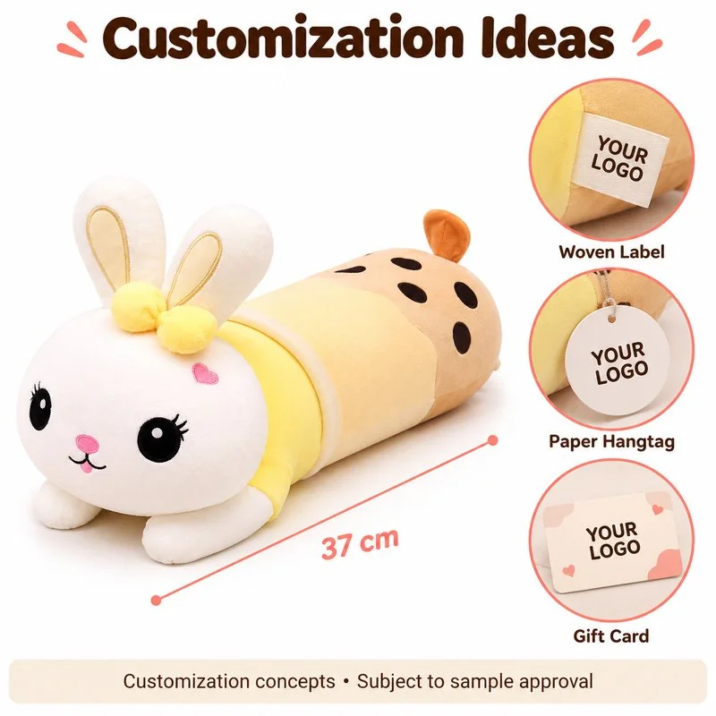 Customization concept for bubble tea rabbit body pillow; feasibility and sample approval required.