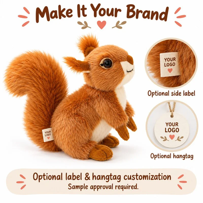Customization concept for bushy tail squirrel plush; feasibility and sample approval required.