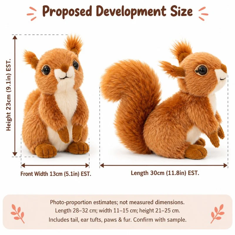Bushy Tail Squirrel Plush — proposed size reference; dimensions require sample confirmation.