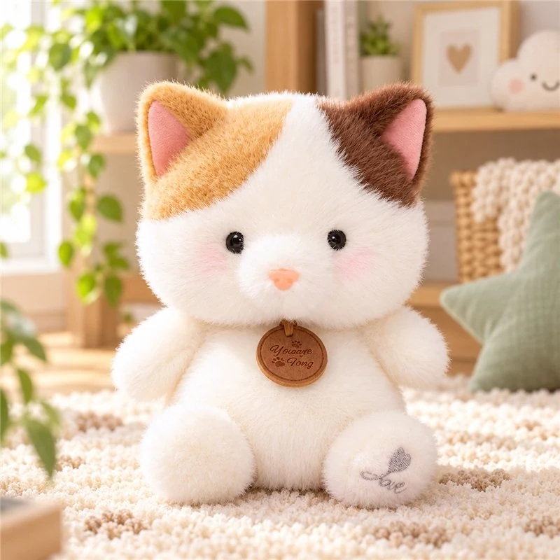 Illustrative application scene featuring calico cat plush; setting is a concept.