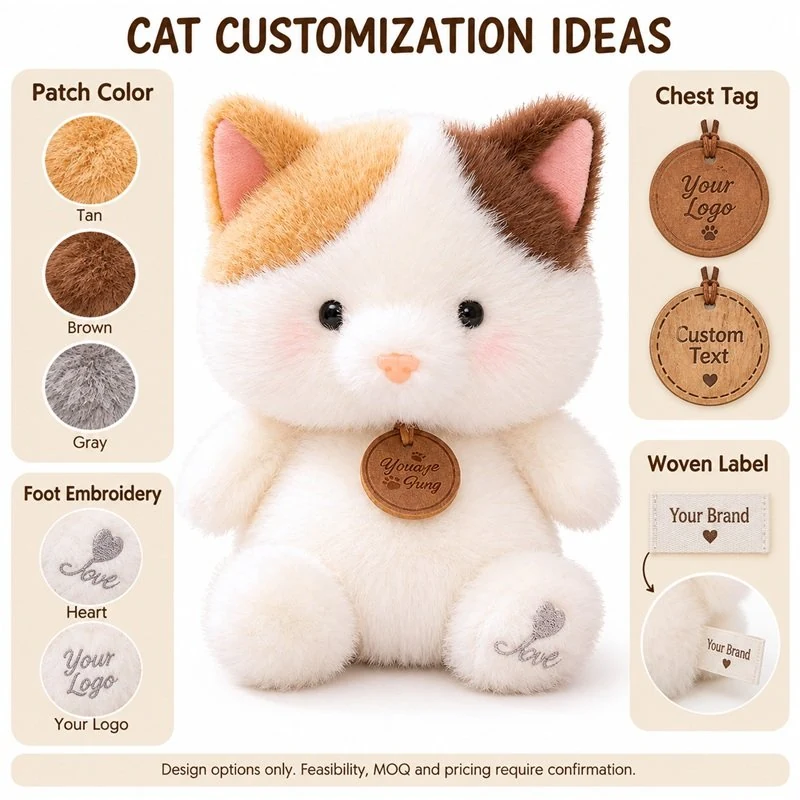 Customization concept for calico cat plush; feasibility and sample approval required.