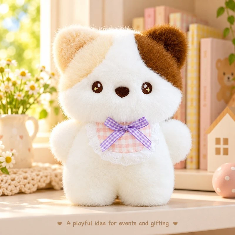 Illustrative application scene featuring calico lace bib kitten plush; setting is a concept.