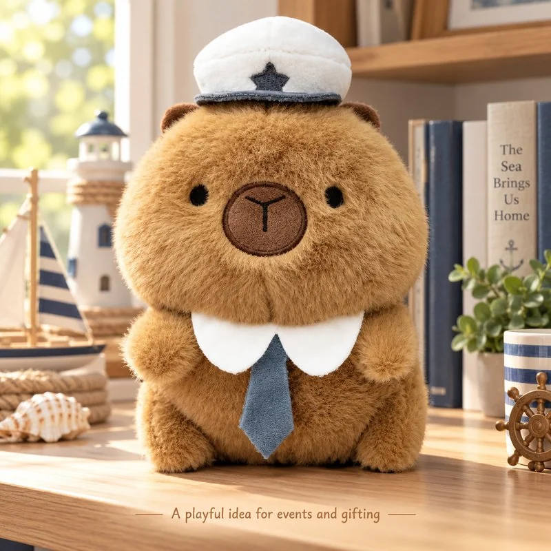 Illustrative application scene featuring captain hat capybara plush; setting is a concept.