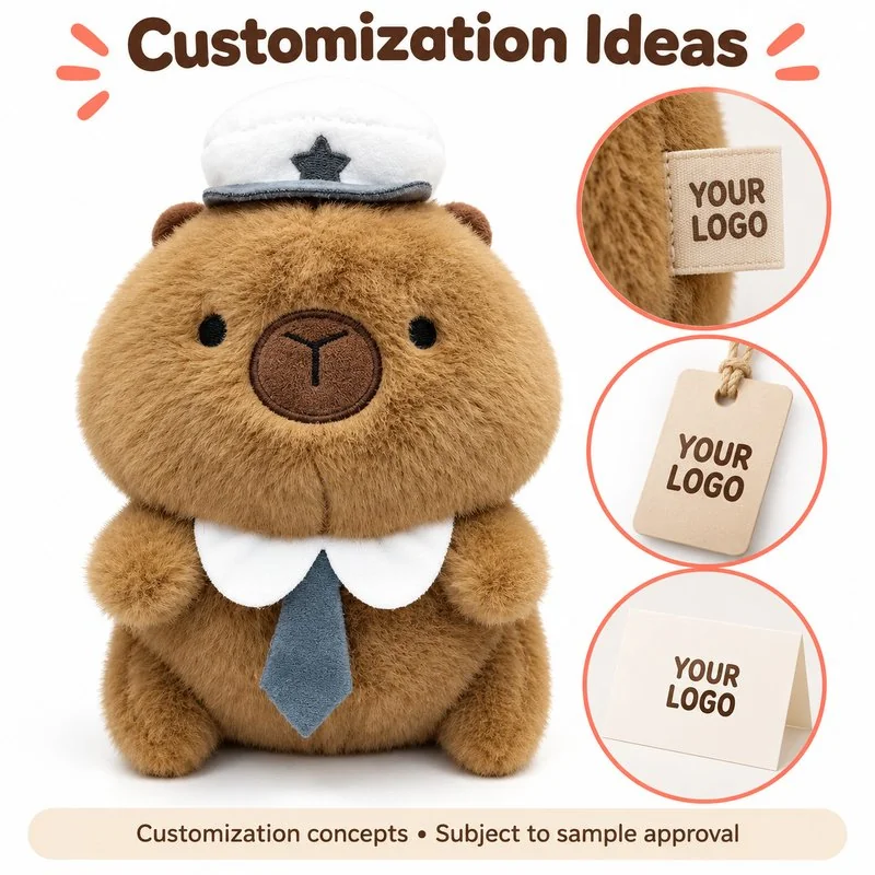 Customization concept for captain hat capybara plush; feasibility and sample approval required.