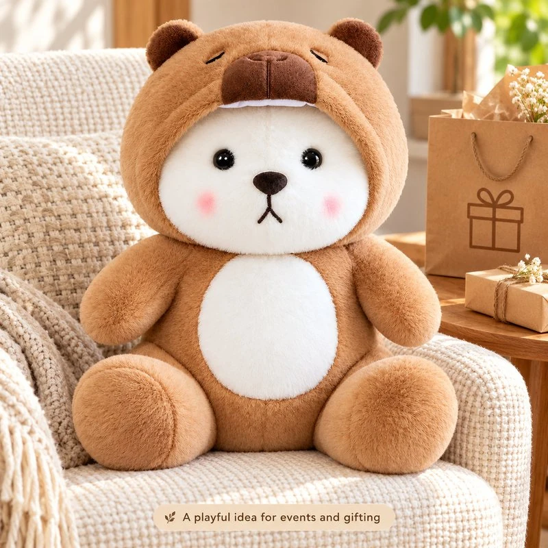 Illustrative application scene featuring capybara costume bear plush; setting is a concept.