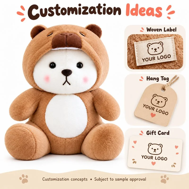 Customization concept for capybara costume bear plush; feasibility and sample approval required.