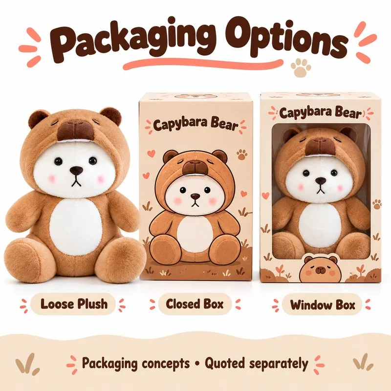 Capybara Costume Bear Plush — optional packaging concept; final artwork, fit and quotation require confirmation.
