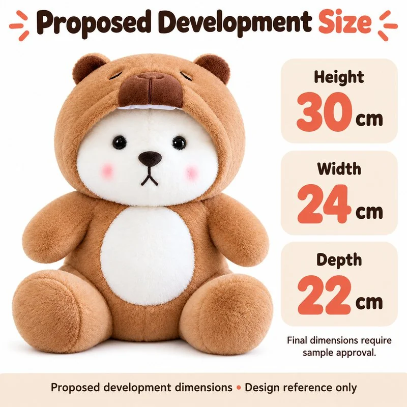 Capybara Costume Bear Plush — proposed size reference; dimensions require sample confirmation.