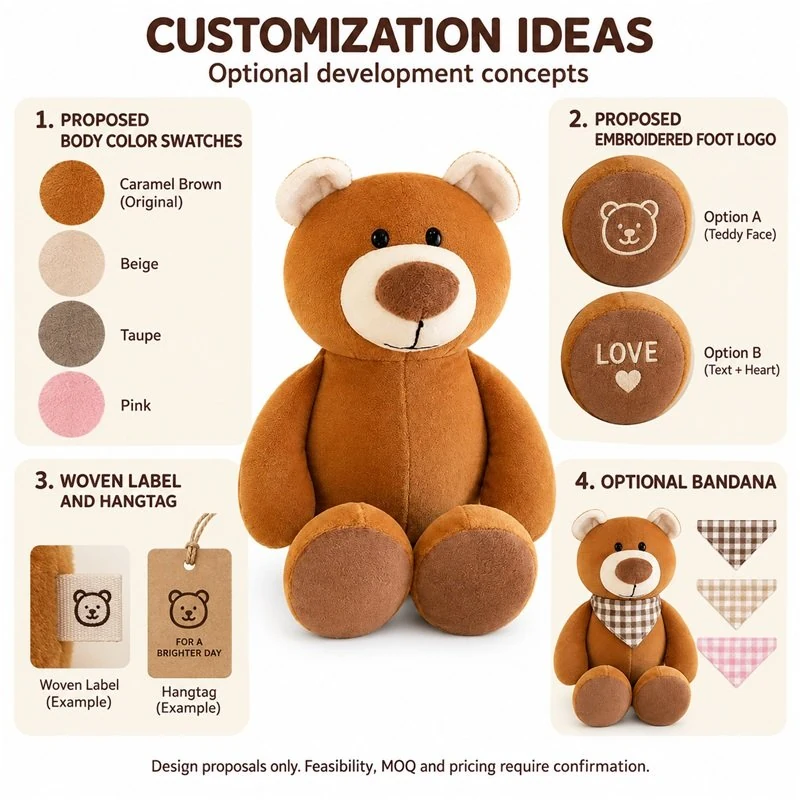 Customization concept for caramel brown bear plush; feasibility and sample approval required.
