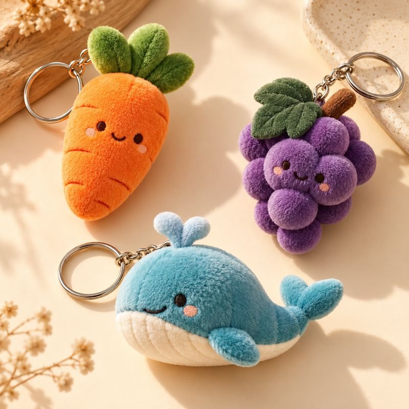 Illustrative carrot, grape and whale plush keychain concepts