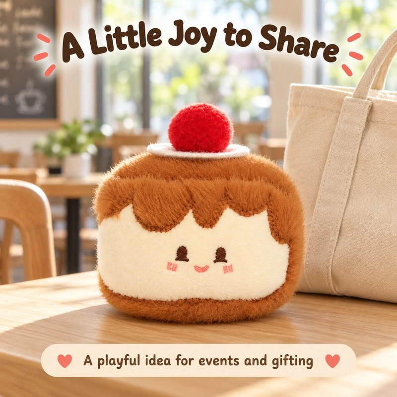 Illustrative application scene featuring cherry caramel pudding plush charm; setting is a concept.