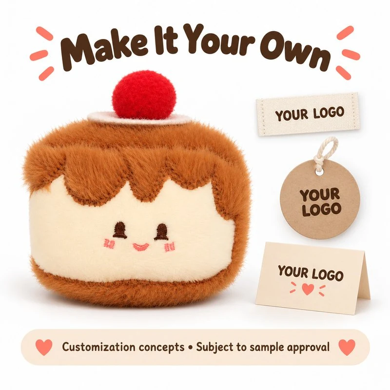 Customization concept for cherry caramel pudding plush charm; feasibility and sample approval required.