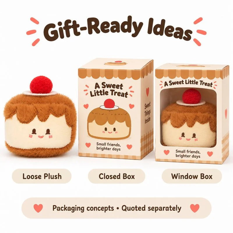Cherry Caramel Pudding Plush Charm — optional packaging concept; final artwork, fit and quotation require confirmation.