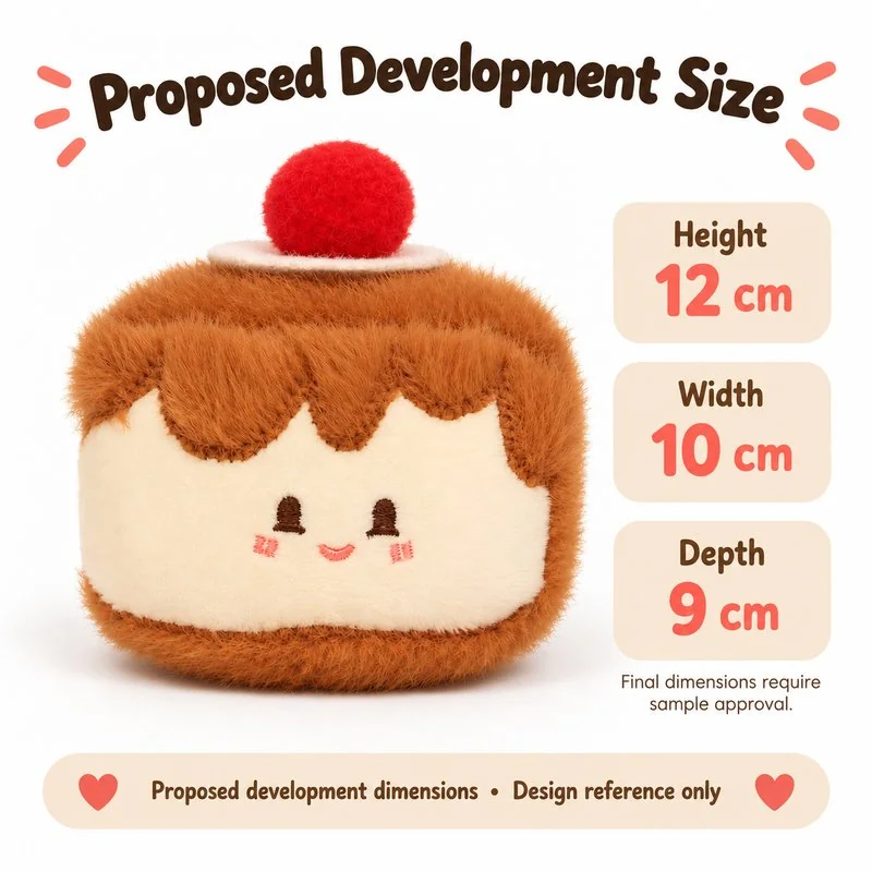 Cherry Caramel Pudding Plush Charm — proposed size reference; dimensions require sample confirmation.