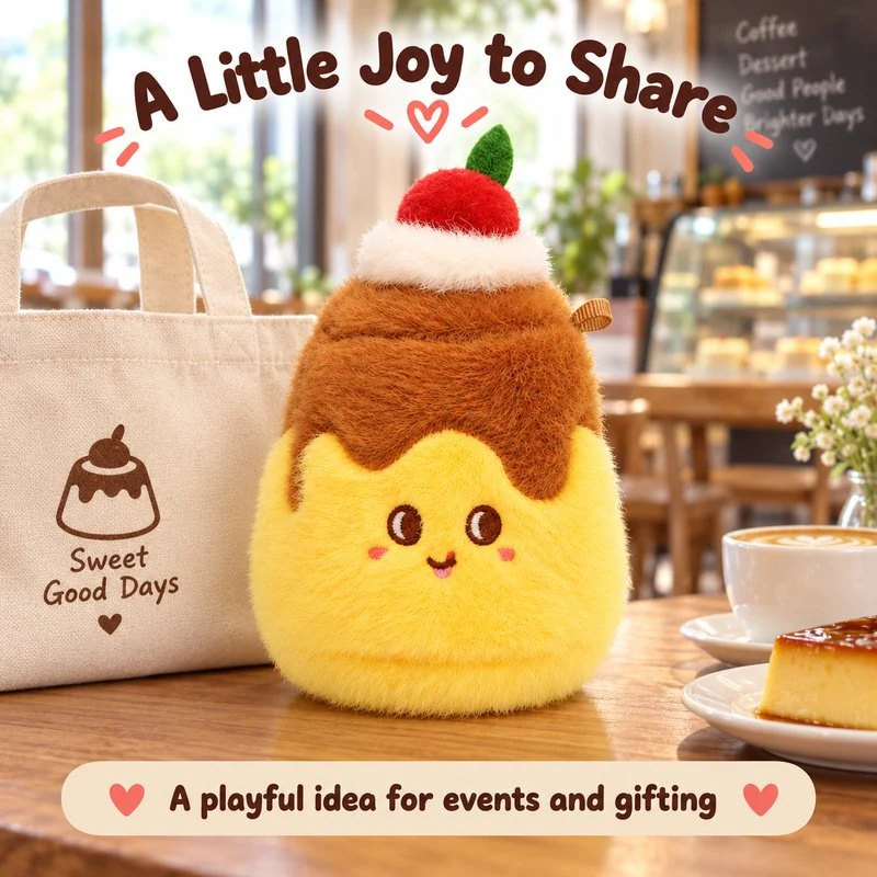Illustrative application scene featuring cherry topped custard plush charm; setting is a concept.