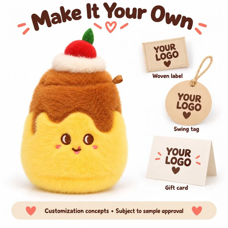 Customization concept for cherry topped custard plush charm; feasibility and sample approval required.
