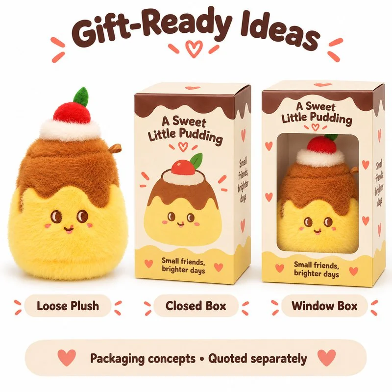 Cherry Topped Custard Plush Charm — optional packaging concept; final artwork, fit and quotation require confirmation.