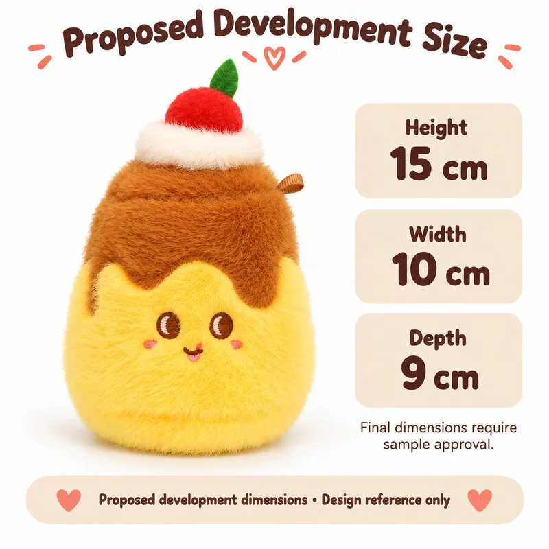 Cherry Topped Custard Plush Charm — proposed size reference; dimensions require sample confirmation.