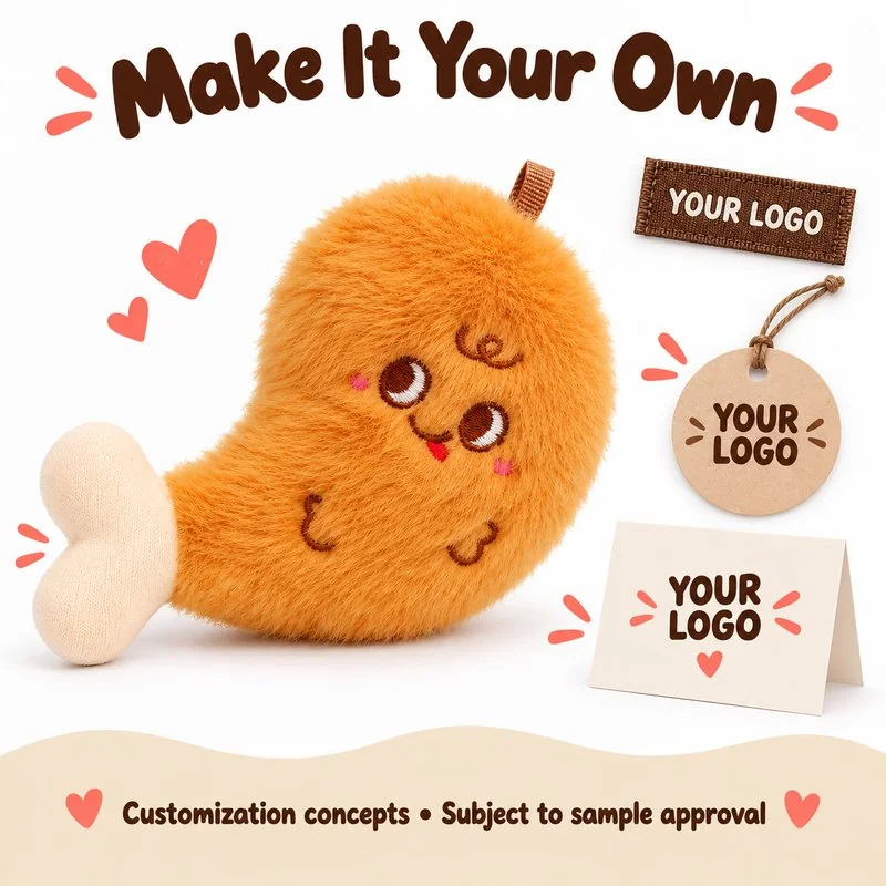 Customization concept for chicken drumstick plush charm; feasibility and sample approval required.