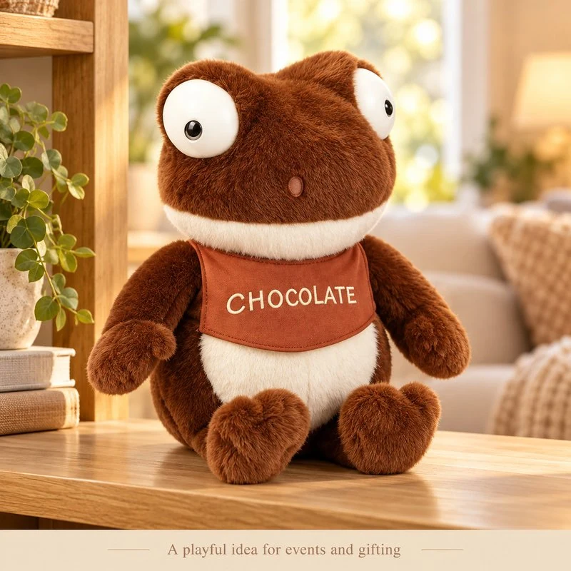 Illustrative application scene featuring chocolate bib brown frog plush; setting is a concept.