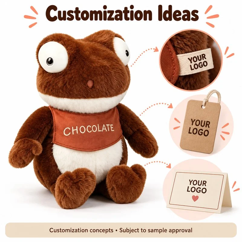 Customization concept for chocolate bib brown frog plush; feasibility and sample approval required.