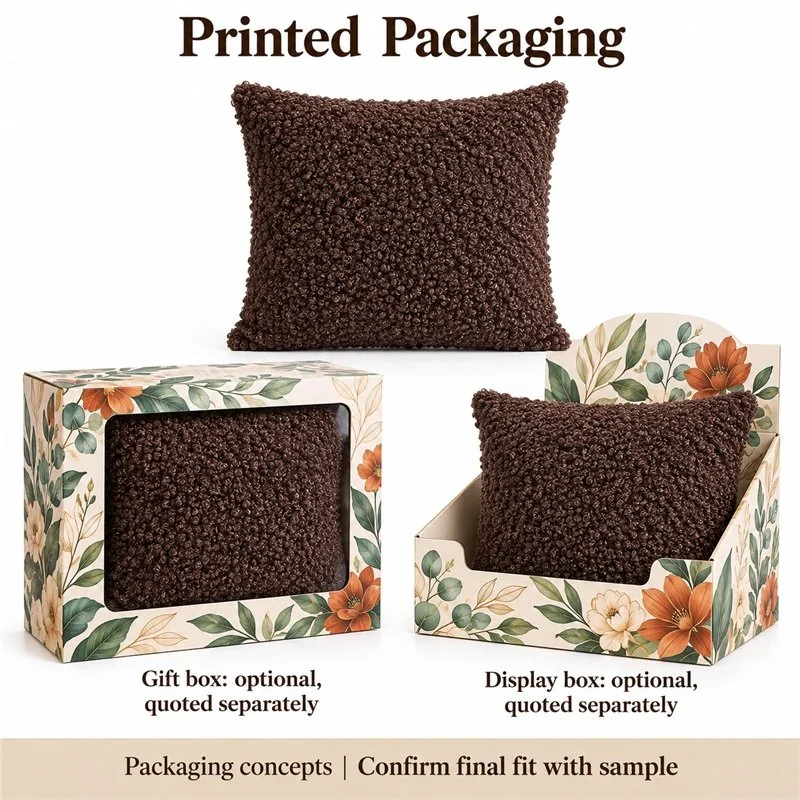 Chocolate Brown Curly Texture Square Cushion — optional packaging concept; final artwork, fit and quotation require confirmation.