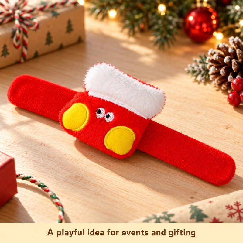 Illustrative application scene featuring christmas stocking plush slap bracelet; setting is a concept.
