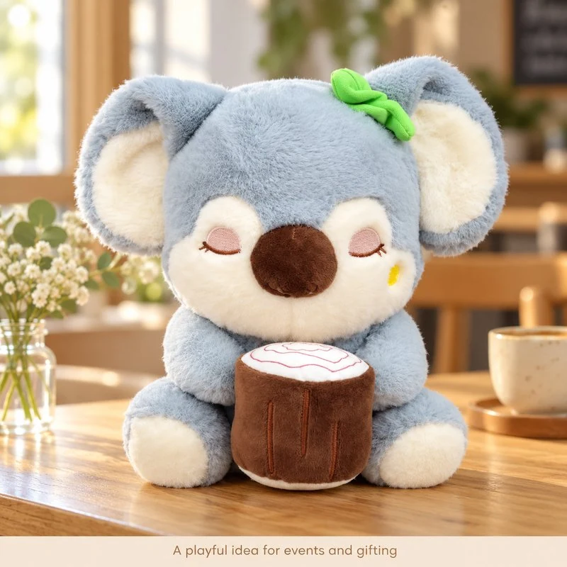 Illustrative application scene featuring coffee cup koala plush; setting is a concept.