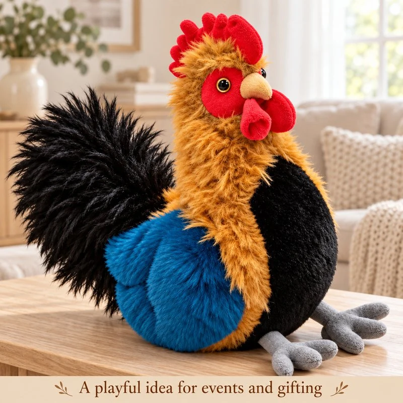 Illustrative application scene featuring colorful rooster plush; setting is a concept.