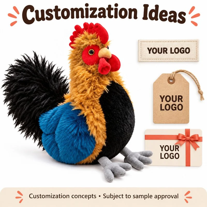 Customization concept for colorful rooster plush; feasibility and sample approval required.