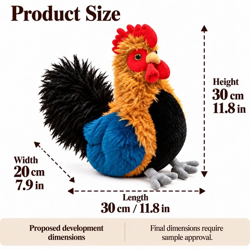 Colorful Rooster Plush — proposed dimensions — confirm with sample