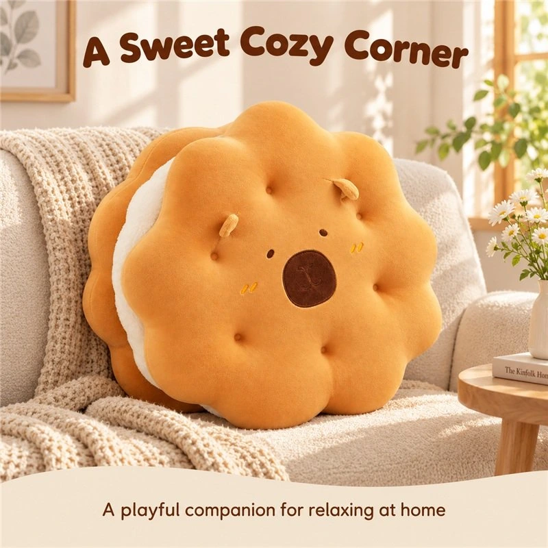 Illustrative application scene featuring cookie sandwich plush pillow; setting is a concept.