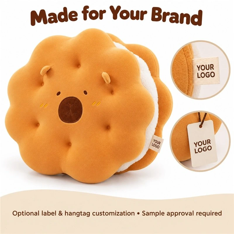 Customization concept for cookie sandwich plush pillow; feasibility and sample approval required.