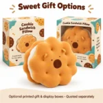 Cookie Sandwich Plush Pillow — optional packaging concept; final artwork, fit and quotation require confirmation.