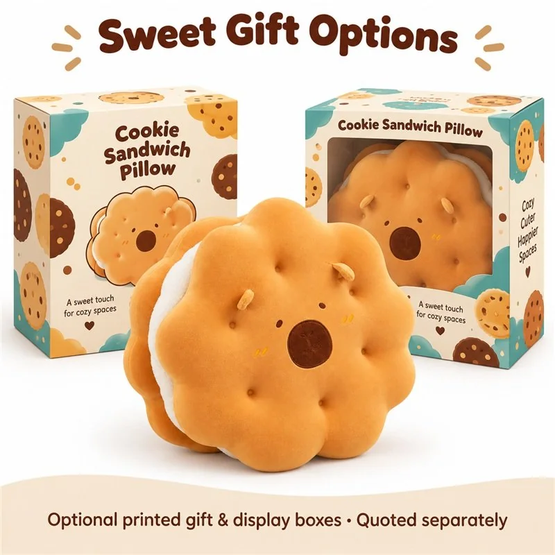 Cookie Sandwich Plush Pillow — optional packaging concept; final artwork, fit and quotation require confirmation.