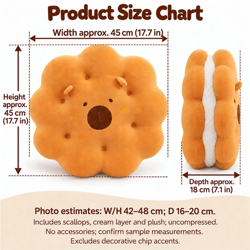 Cookie Sandwich Plush Pillow — proposed size reference; dimensions require sample confirmation.