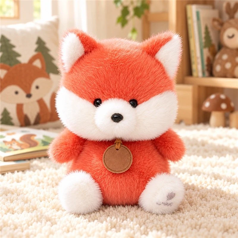 Illustrative application scene featuring fluffy coral fox plush; setting is a concept.