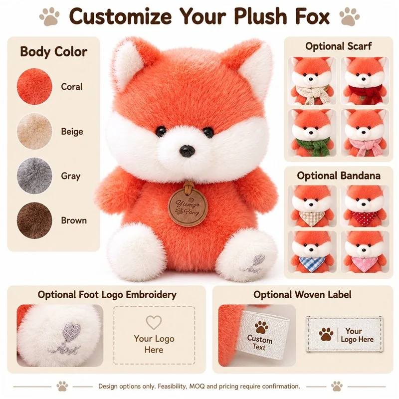 Customization concept for fluffy coral fox plush; feasibility and sample approval required.