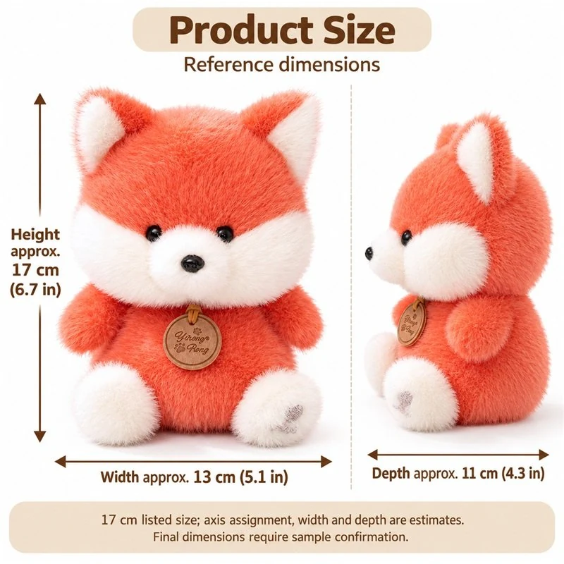 Fluffy Coral Fox Plush — proposed size reference; dimensions require sample confirmation.