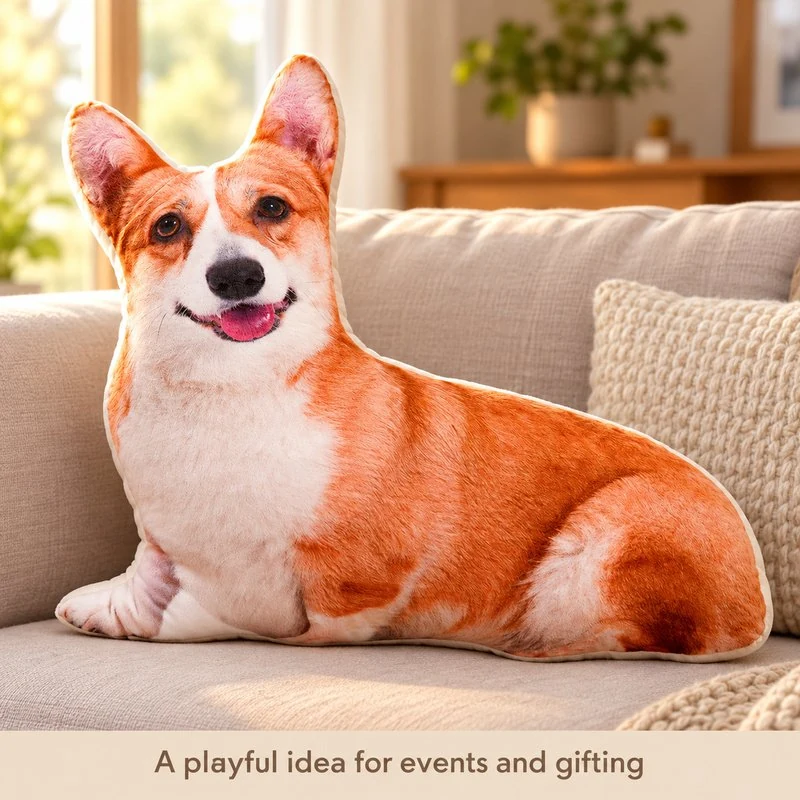 Illustrative application scene featuring corgi printed plush pillow; setting is a concept.