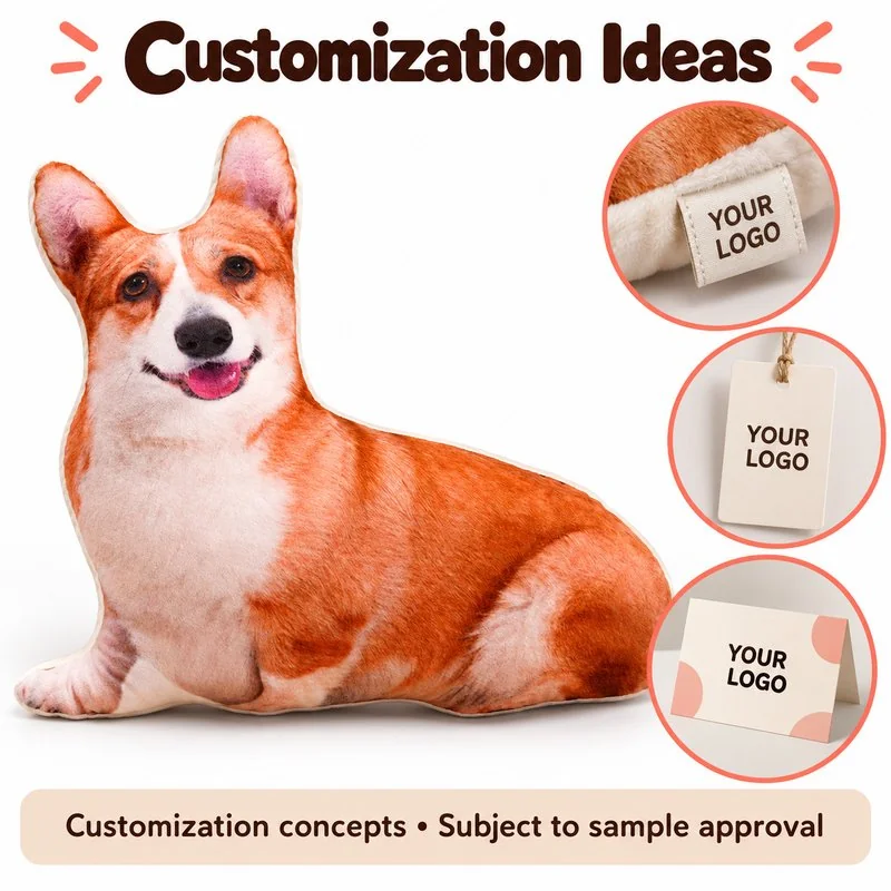 Customization concept for corgi printed plush pillow; feasibility and sample approval required.